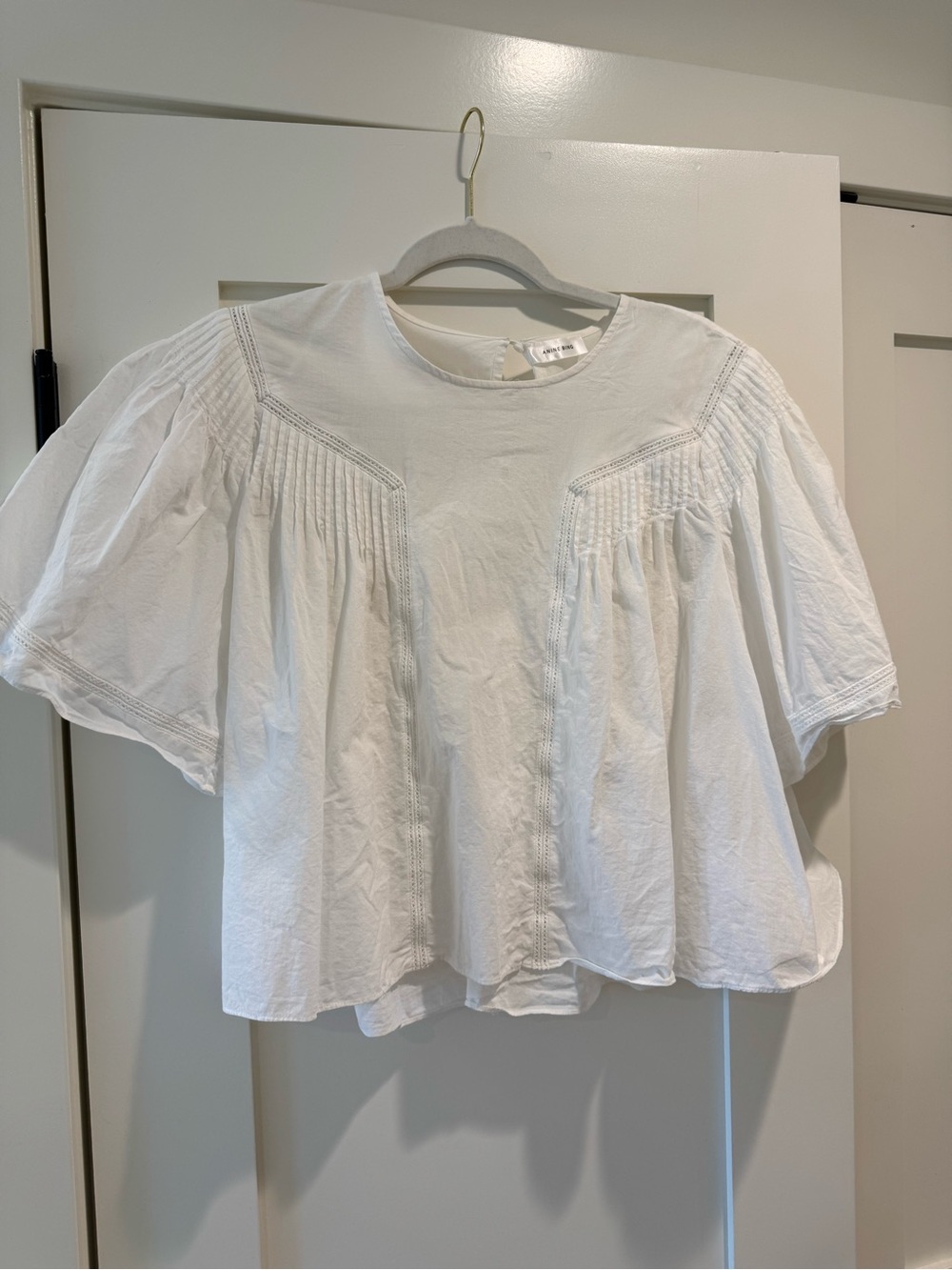 Anine Bing White Cotton Peasant Blouse with Pintuck Detail